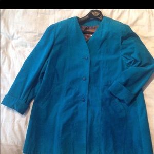 100% SUEDE LEATHER COAT SZ16 TURQUOISE CUFF SLEEVE